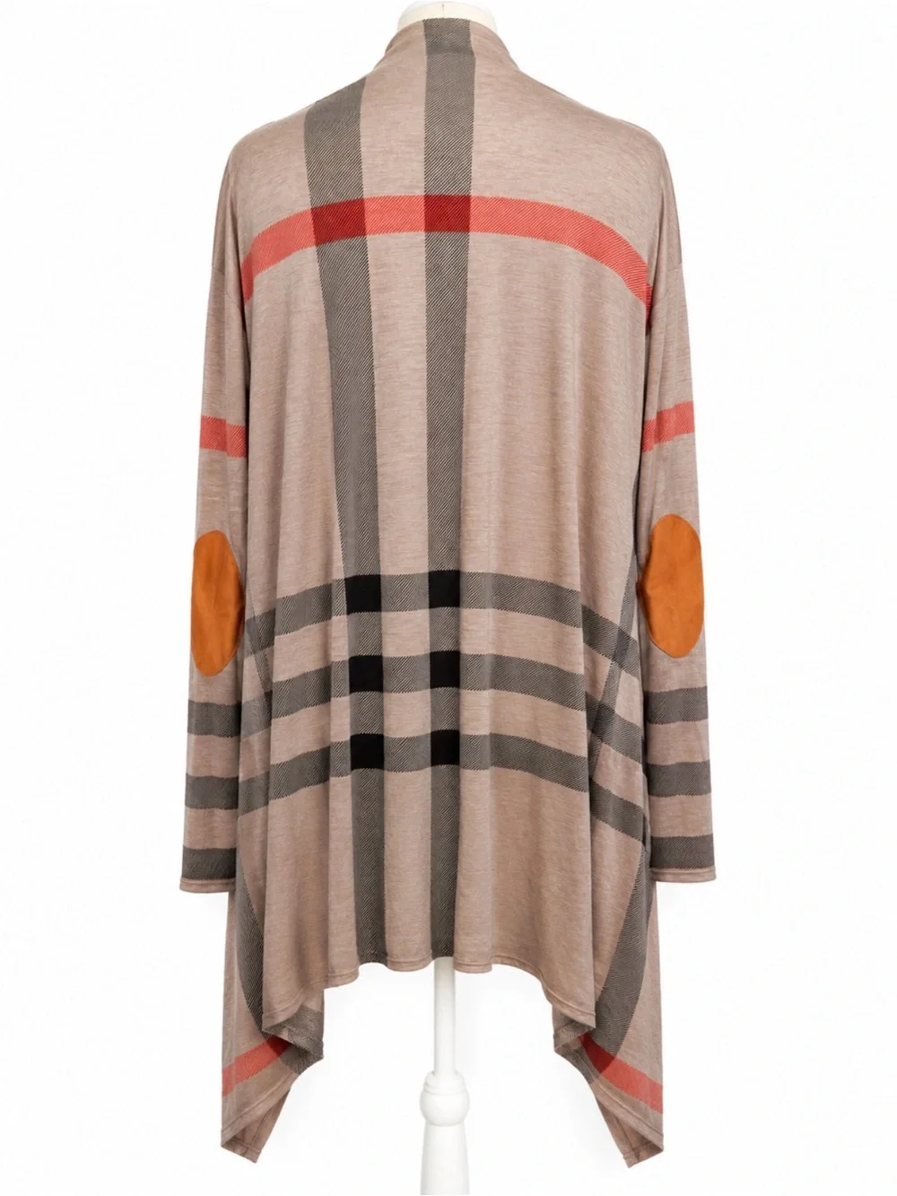 3X ChicSoul Plaid Open Front Drape Cardigan with Faux Suede Elbow Patches